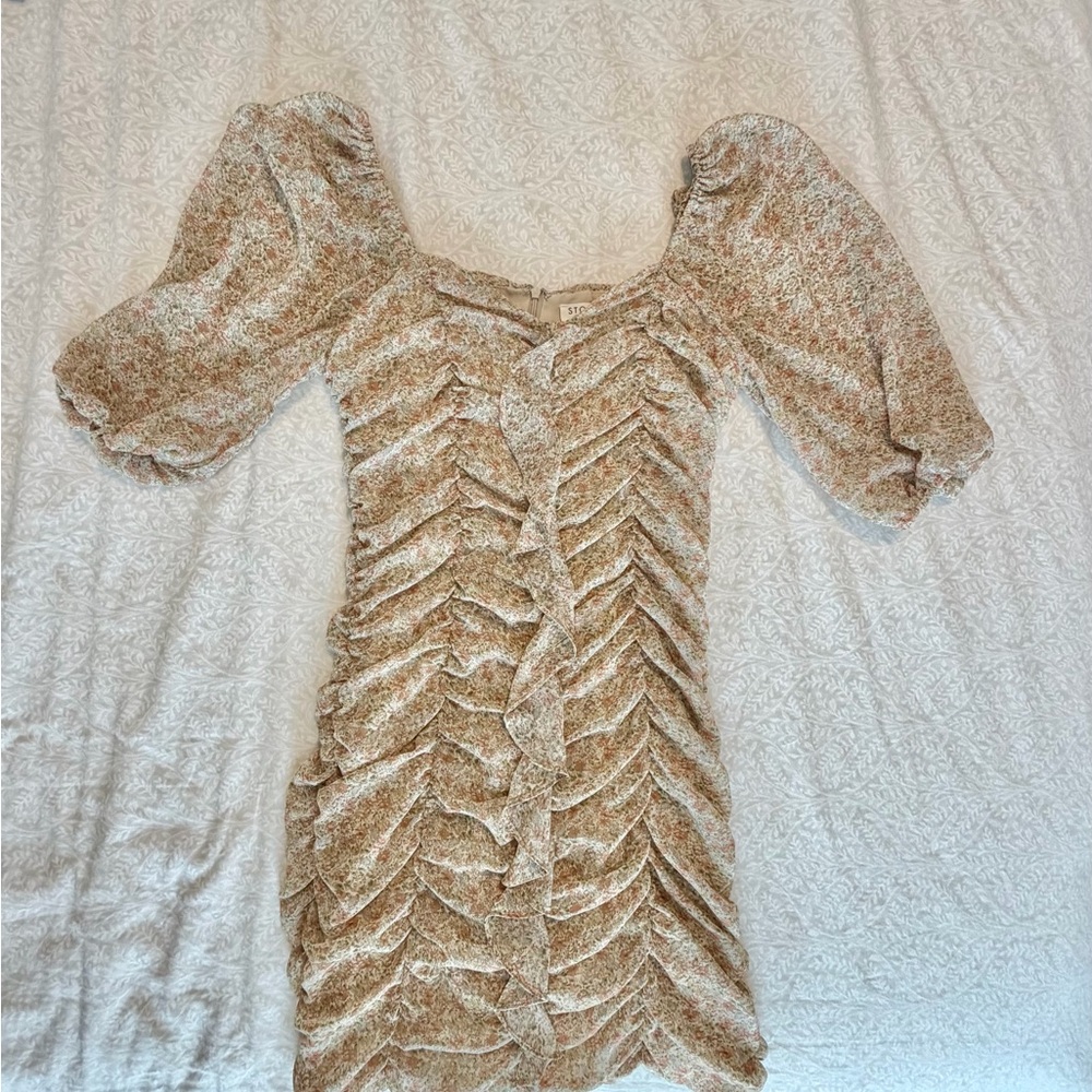 Storia Floral Puff Sleeve Mini Dress - Cream and Brown